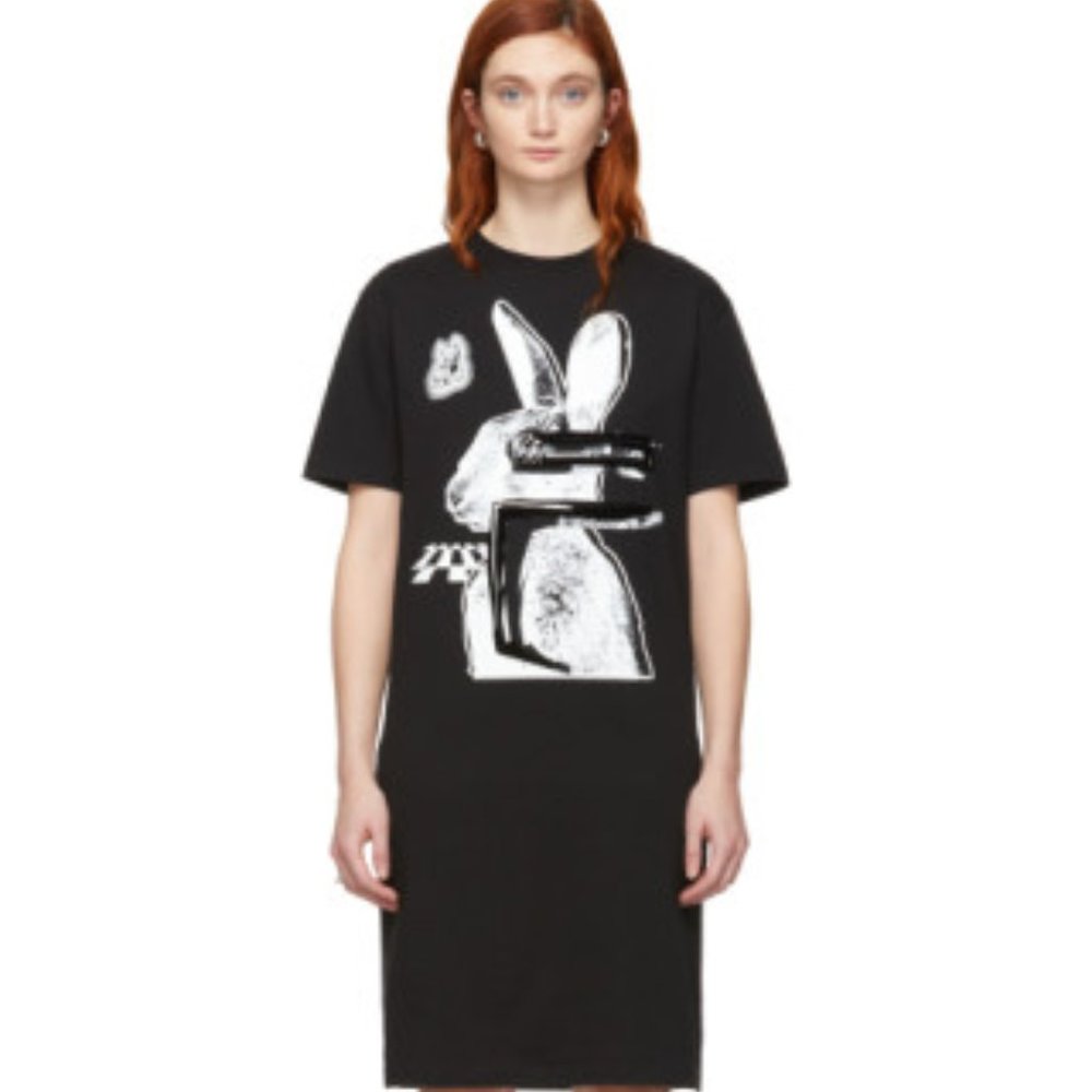 McQ Alexander McQueen Black & White Glitch Bunny Slouch T-Shirt Dress, Medium